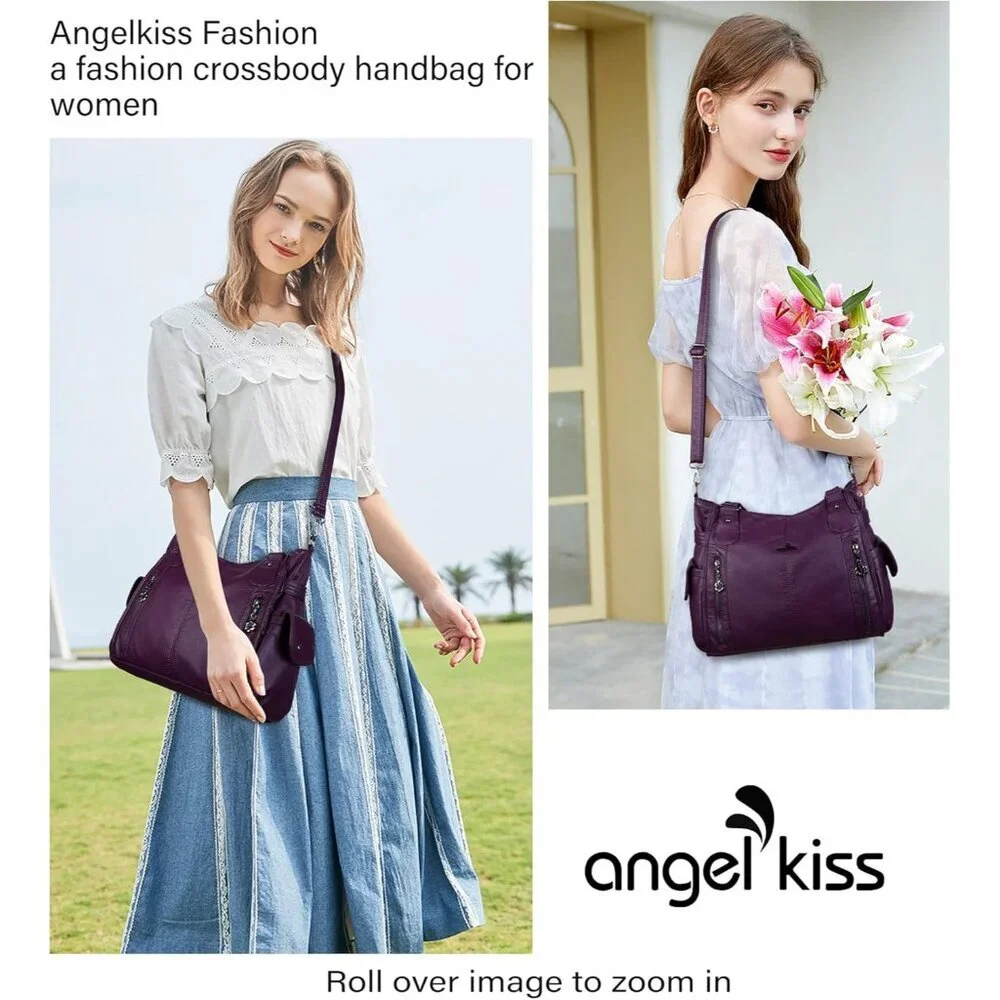 〽️Women's Purple PU Leather Hobo Shoulder Bag with Top Handle and Zipper Pockets